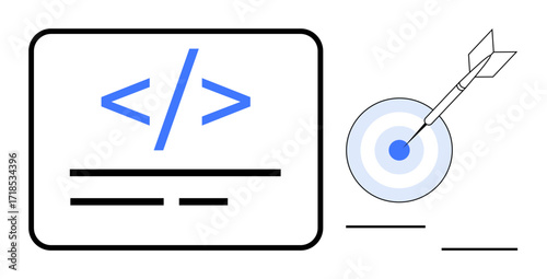 Code snippet on a screen paired with a blue bullseye target hit by an arrow. Ideal for programming, goals, technology, website development, success, precision, and achievement. Simple flat metaphor