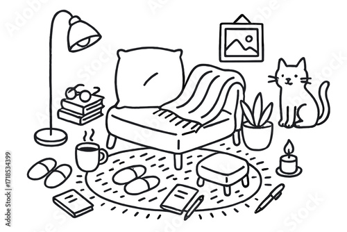 Cozy Reading Corner. Hand-drawn doodle illustration Cozy reading nook cushion, floor lamp, book stack, glasses, tea mug, blanket, slippers, plant pot, framed