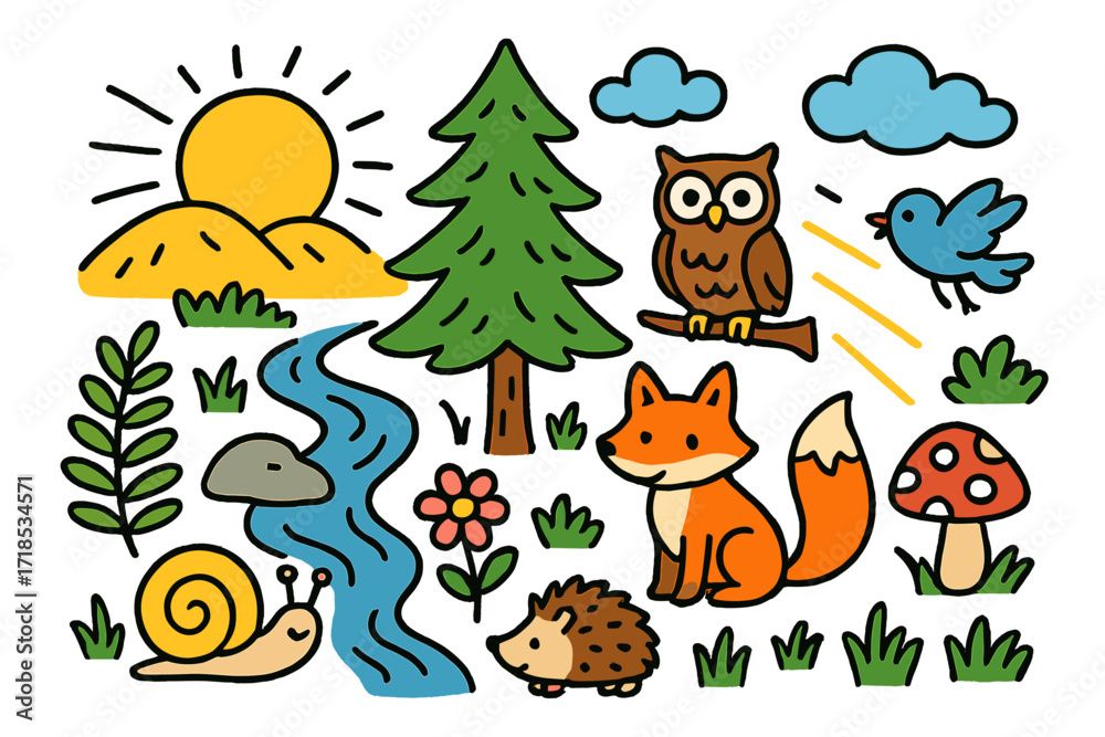 Fototapeta premium Whimsical Forest Morning. Colorful Hand-drawn doodle Children illustration Forest morning light [sunrise, pine tree, owl, fox, stream, fern leaf, flower, rock,