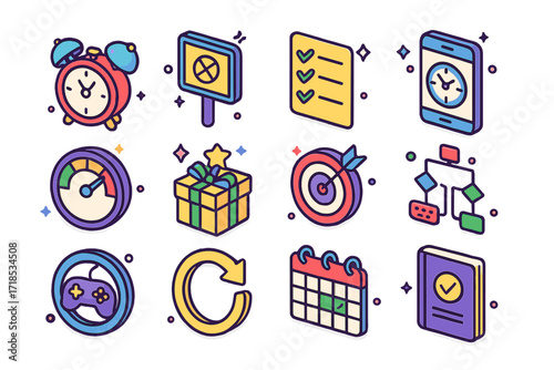 Self-Discipline Icon Set. Colorful isometric vector icons set of self-discipline tools: alarm clock, no excuses board, to-do list, time management app,