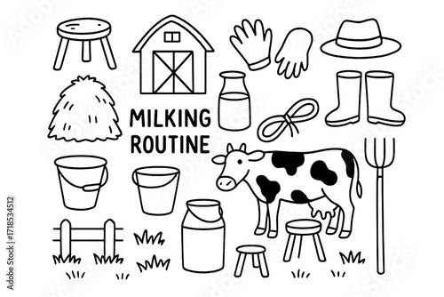 Milking Doodle Icons. Hand-drawn doodle illustration Milking routine Milking stool, cow, bucket, udder, milk pail, barn, haystack, gloves, farmer hat, boots,
