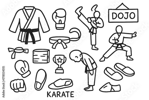 Karate Icons Doodle. Hand-drawn doodle illustration Karate [karate gi, black belt, dojo, punching glove, kicking leg, karate stance, kata pose, headband,