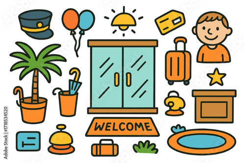 Cartoon Hotel Welcome. Colorful Hand-drawn doodle Children illustration Minimal hotel entrance glass doors, doorman hat, welcome mat, luggage, bell, smiling
