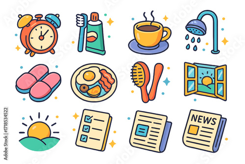Morning Routine Icons. Colorful isometric vector icons set of Morning routine day: alarm clock, toothbrush, toothpaste, cup of coffee, showerhead, slippers,