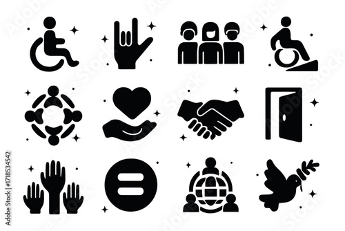 Accessible Icon Symbols. Inclusion. Solid icons set of wheelchair symbol, sign language hand, diverse people, accessible ramp, inclusive circle, support heart,