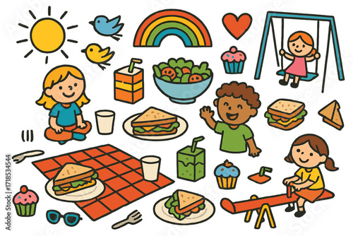 Children's Picnic Fun. Colorful Hand-drawn doodle Children illustration Park lunch event sandwiches, salad, juice boxes, swings, seesaw, picnic rug, sun,