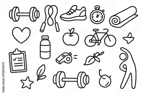 Fitness Doodle Icons. Hand-drawn doodle illustration Fitness and exercise wellness dumbbell, jump rope, running shoe, stopwatch, yoga mat, bicycle, water