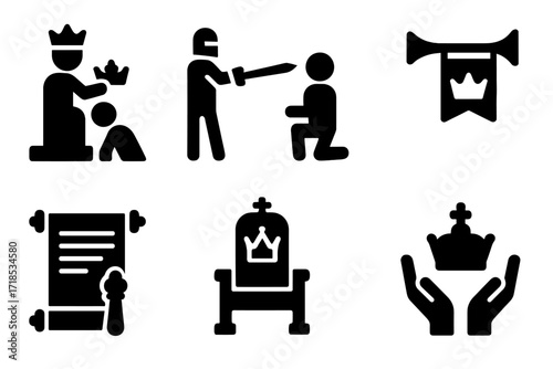 Noble Ceremony Icons. Solid, filled icon set of noble ceremonies: coronation, knighting, royal decree, herald trumpet, throne room, crown presentation, royal