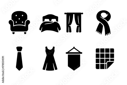 Silk Uses Icons. Solid, filled icon set of silk uses: silk upholstery, silk bedding, silk curtains, silk scarves, silk ties, silk dresses, silk wall hangings,