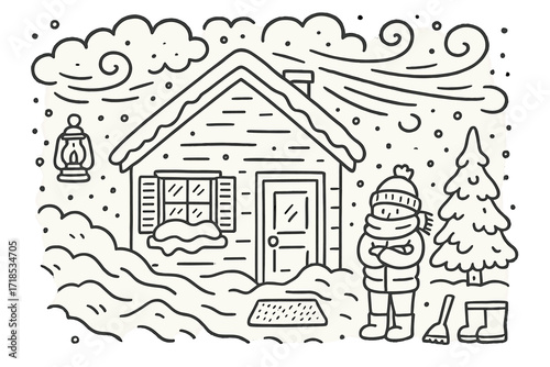 Winter Storm Doodle. Hand-drawn doodle illustration [home during blizzard] [house outline, heavy snow clouds, snow swirl, closed shutters, wind gusts, bundled