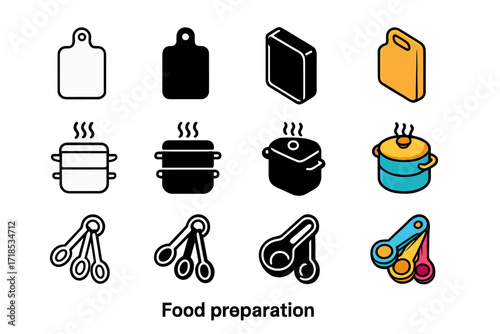 Playful Kitchen Icons. Icon Set of Food Preparation: Cutting board, Steamer pot, Measuring spoon. Icons set in vector style, emblematic variations. Cutting
