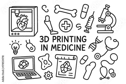 Medical 3D Printing Icons. Hand-drawn doodle illustration 3D printing in medicine 3D printer, anatomical heart, bone, prosthetic limb, syringe, cross symbol,