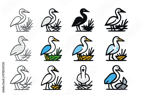 Egret Nest Logo Design. Set Logo of Waterbird Nesting: Egret near reed nest. Logo set in vector style, emblematic variations. line, bold thick line, solid