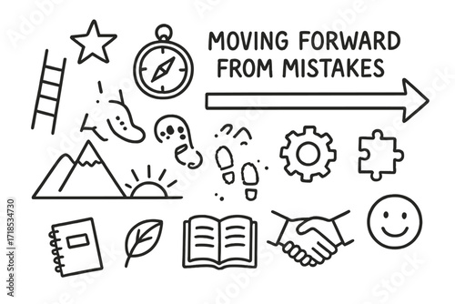 Path to Success. Hand-drawn doodle illustration Moving forward from mistakes arrow, compass, clock, ladder, star, mountain, sunrise, footprints, gear, open