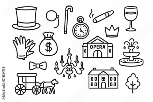Bourgeoisie Symbols Doodle. Hand-drawn doodle illustration bourgeoisie top hat, monocle, cane, cigar, wine glass, pocket watch, money bag, crown, opera house,