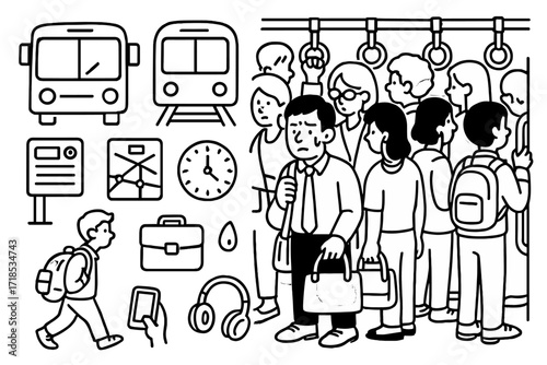 Rush Hour Chaos. Hand-drawn doodle illustration Crowded rush hour commute [bus, subway, passengers, standing person, backpack, bag, briefcase, phone,