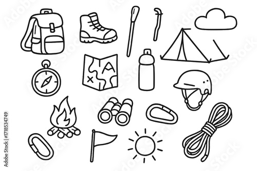 Nature Adventure Essentials. Hand-drawn doodle illustration [nature adventure essentials] [backpack, hiking boots, walking stick, compass, map, water bottle,