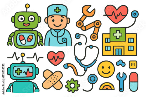 Medical Robots Doodle. Colorful Hand-drawn doodle Children illustration Medical robots robot, smiley doctor, pill dispenser, tool arm, digital screen, heart