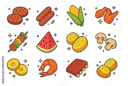 Summer BBQ Icons. Colorful isometric vector icons set of summer BBQ food essentials: burger patties, hot dog sausages, corn on the cob, chicken wings, veggie