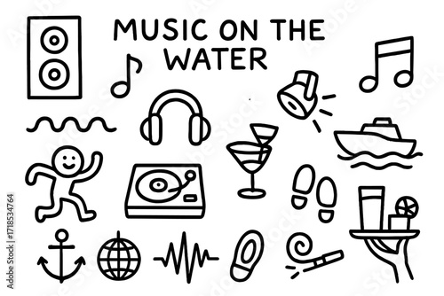 Music on Water Icons. Hand-drawn doodle illustration Music on the Water speaker, musical note, DJ turntable, wave line, dancing icon, headphones, cocktail,