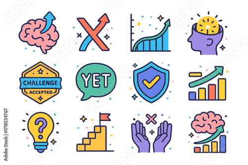 Growth Mindset Icons. Colorful isometric vector icons set of growth mindset symbols: brain with upward arrow, failure as feedback symbol, learning curve graph,