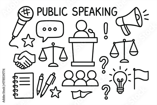 Public Speaking Icons. Public Speaking. Hand-drawn doodle illustration public speaking microphone, podium, megaphone, speech bubble, star, handshake, scales,
