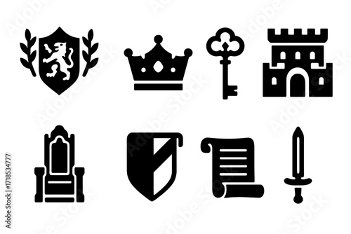 Noble Dynasty Icons. Solid, filled icon set of noble dynasty: coat of arms, royal crown, ornate key, historic castle, throne, family crest, old scroll,