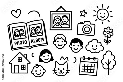 Family Memories Icons. Hand-drawn doodle illustration Photo album family pictures, book, frame, heart, camera, flower, smiling faces, house, sun, star, baby,