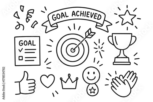 Goal Achieved Illustration. Hand-drawn doodle illustration Goal achieved moment [target, arrow hit, confetti, ribbon, star, trophy, smiling face, celebration
