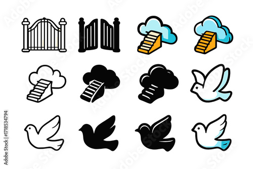 Heavenly Icon Set. Icon Set of Spiritual Heaven: Open gate, Stairs to clouds, Dove. Icons set in vector style, emblematic variations. Open gate line, Open gate