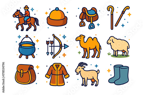 Nomadic Steppe Icons. Colorful isometric vector icons set of nomadic steppe life: riding horse, traditional hat, leather saddle, shepherd's staff, cooking pot,
