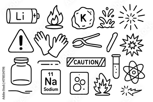 Alkali Metals Chemistry Icons. Hand-drawn doodle illustration [next-gen communication] satellite dish, hologram call, virtual meeting room, smart earpiece,