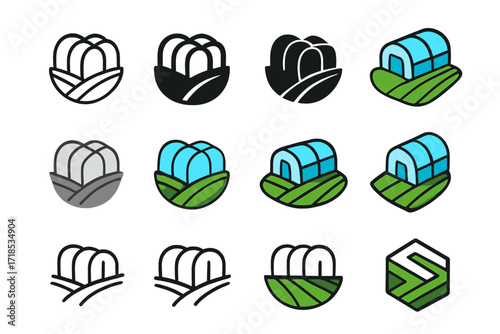 Crop Field Logos. Set Logo of Crop Fields: Greenhouse Rows on Crop Land. Logo set in vector style, emblematic variations. line, bold thick line, solid black