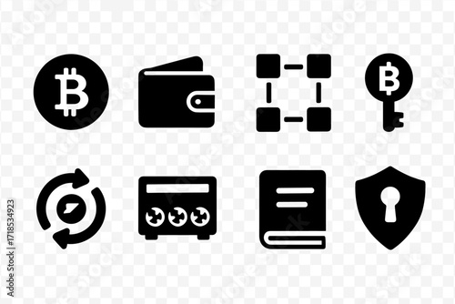 Digital Wealth Icons. Solid, filled icon set of digital wealth: cryptocurrency, digital wallet, blockchain, bitcoin coin, security key, exchange, mining rig,