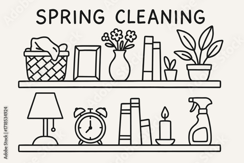 Spring Cleaning Illustration. Hand-drawn doodle illustration Spring cleaning shelves [shelf, basket, vase, plant, books, lamp, clock, candle, picture frame,