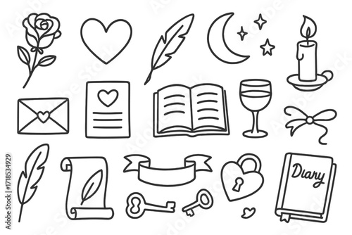 Love Symbols Doodle. Hand-drawn doodle illustration romantic poetry rose, heart, quill, candle, love letter, envelope, open book, moon, stars, cup of wine,