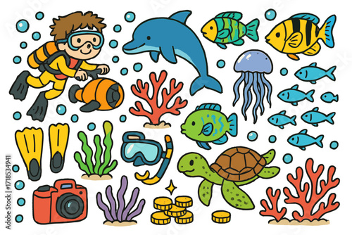 Tropical Reef Adventure. Colorful Hand-drawn doodle Children illustration Tropical reef adventure dolphin, parrotfish, butterflyfish, coral, diver, underwater