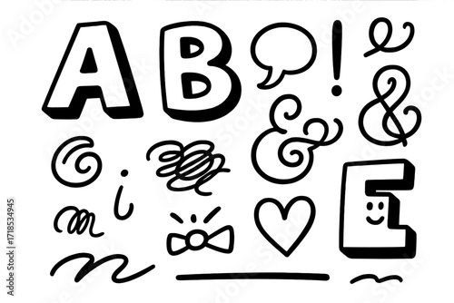 Playful Typography Doodles. Hand-drawn doodle illustration Playful Typography bold letter A, bubble font, comic letter B, exclamation mark, speech curl, curly