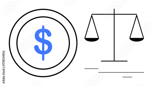 Minimalist design featuring a scale and blue dollar coin emphasizing fairness, finance, law, and ethics. Ideal for concepts of justice, equality, wealth, law, decision-making finance and balance as