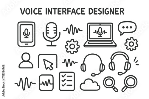 Voice Interface Elements. Hand-drawn doodle illustration Voice interface designer microphone, sound wave, laptop, tablet, smartphone, headset, speech bubble,