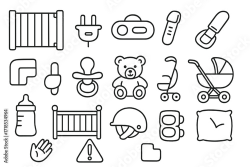 Child Safety Essentials. Hand-drawn doodle illustration child safety baby gate, plug cover, cabinet lock, safety strap, corner protector, pacifier, teddy bear,
