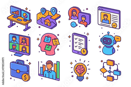 Future Work Isometric Icons. Colorful isometric vector icons set of Future of work: standing desk with screens, hybrid office map, virtual collaboration