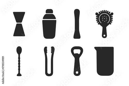 Black Bar Tools Icons. Solid, filled icon set of brandy bar tools: jigger, cocktail shaker, muddler, strainer, bar spoon, ice tongs, bottle opener, mixing
