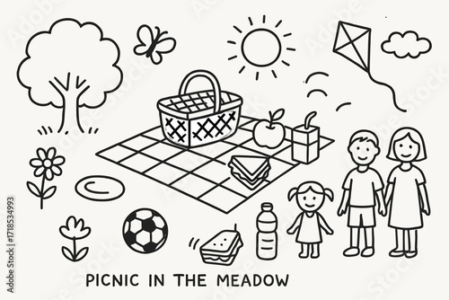 Meadow Picnic Doodle. Hand-drawn doodle illustration Picnic in the meadow [tree, flower, butterfly, picnic basket, blanket, apple, sandwich, juice box, water