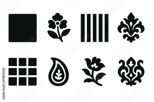 Black Velvet Icon Grid. Solid, filled icon set of velvet patterns: plain velvet, floral velvet, striped velvet, damask velvet, geometric velvet, paisley