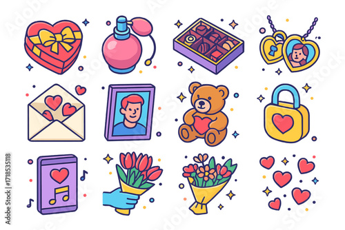 Romantic Gift Icons. Colorful isometric vector icons set of romantic gifts and surprises: heart-shaped box, perfume bottle, luxury chocolates, personalized