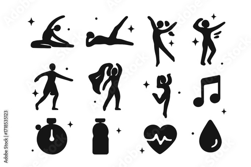 Contemporary Dance Icons. Contemporary Dance. Solid icons set of contemporary dance: dancer stretch, floor pose, leg extension, expressive arms, barefoot