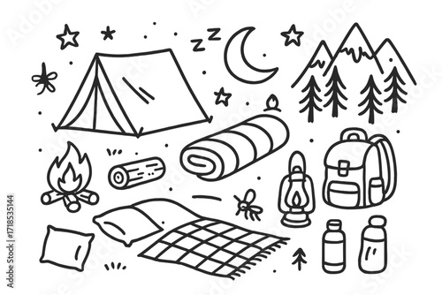Camping Under Stars. Hand-drawn doodle illustration [sleeping in nature] [tent, sleeping bag, star, moon, campfire, log, pillow, blanket, mosquito, lantern,