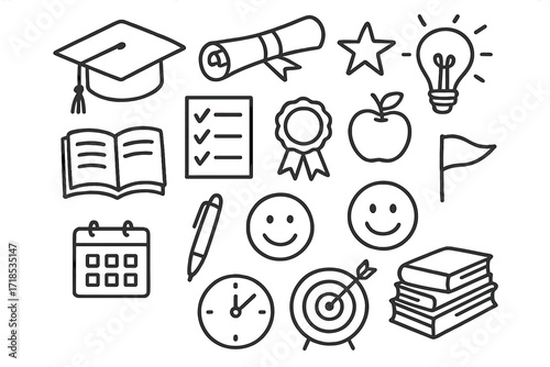 Academic Achievement Icons. Hand-drawn doodle illustration academic achievements graduation cap, diploma, book, pen, star, light bulb, checklist, award ribbon,
