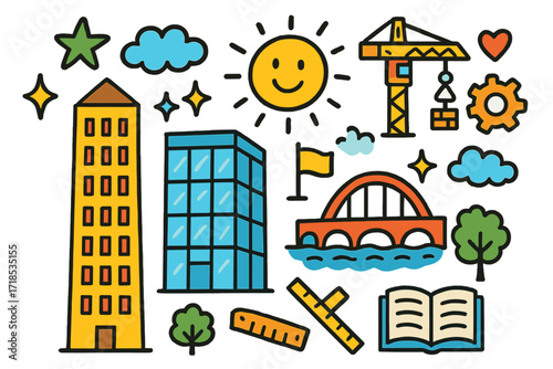Modern Urban Doodle. Modern structures. Colorful Hand-drawn doodle Children illustration tall building, bridge, glass window, crane, gear, star, heart,